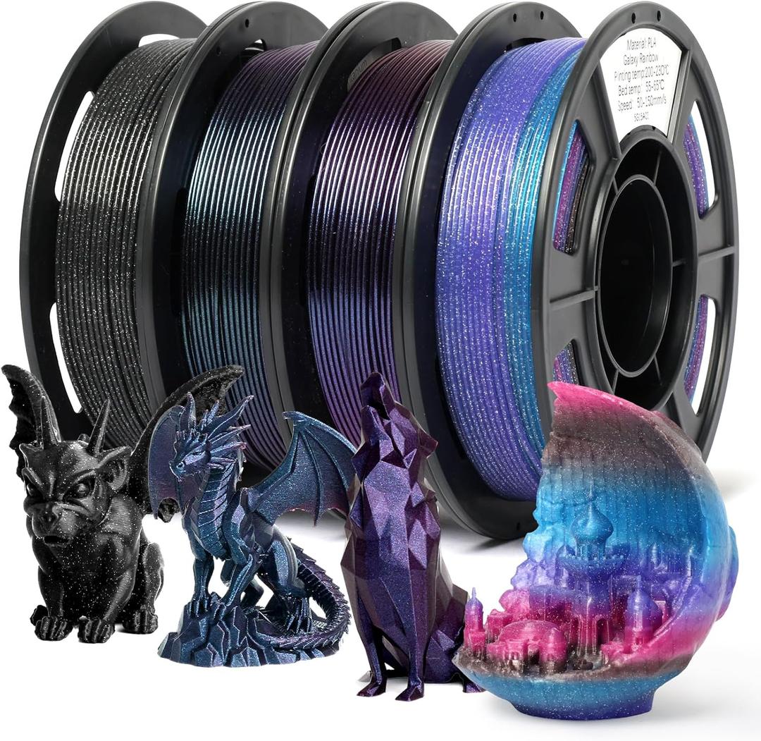 3D Printer Filament, Galaxy Glitter PLA Filament 1.75mm, Chameleon Color Shift & Shiny Glitter Bundle, 4  250g Spools for FDM Printers (Burnt Titanium/Nebula Purple/Glitter Galaxy Rainbow/Glitter Galaxy Black)