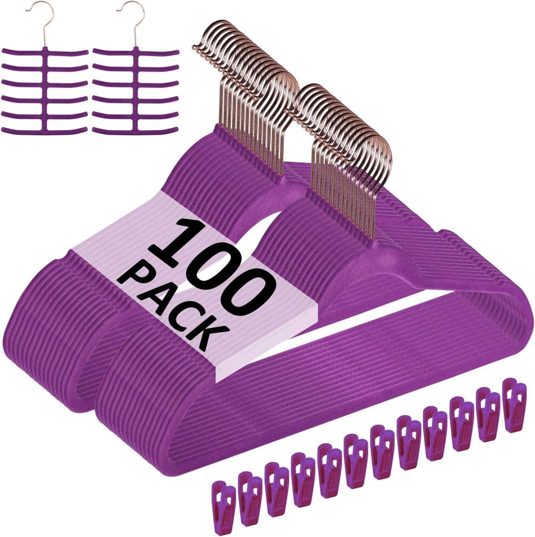 VECELO Premium Velvet Clothes Hangers Suit Heavy Duty (100 Pack)-Non Slip & Space-Saving with 12 Finger Clips & 2Tie Rack Excellent for Men and Women,Dark Purple