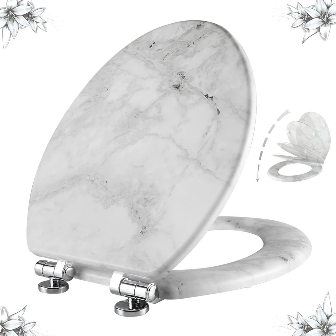 Angel Shield Marble Toilet Seat Durable Molded Wood with Quiet Close,Easy Clean Quick-Release Hinges (Elongated,Gray Marble) (Elongated-18.5)