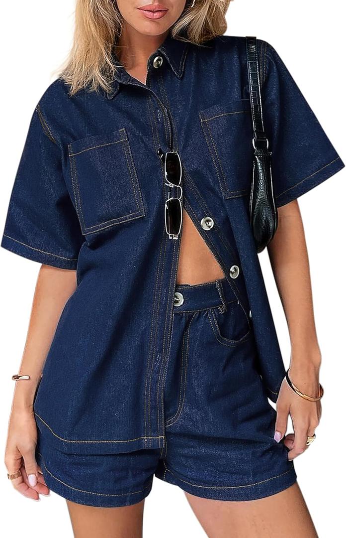 BISUAL Womens Denim Set Casual Short Sleeve Denim Top and jeans Shorts Lounge Sets Summer Two Piece Sets For Women Outfits (X-Large, Dark Blue)