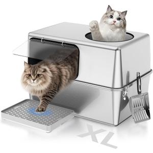 Stainless Steel Litter Box with Lid  Dog Proof, XL Enclosed Metal, High Side, Odor Control, for Big Cats & Multi-Cat Household, Black, Dubble Entry (Top and Side)