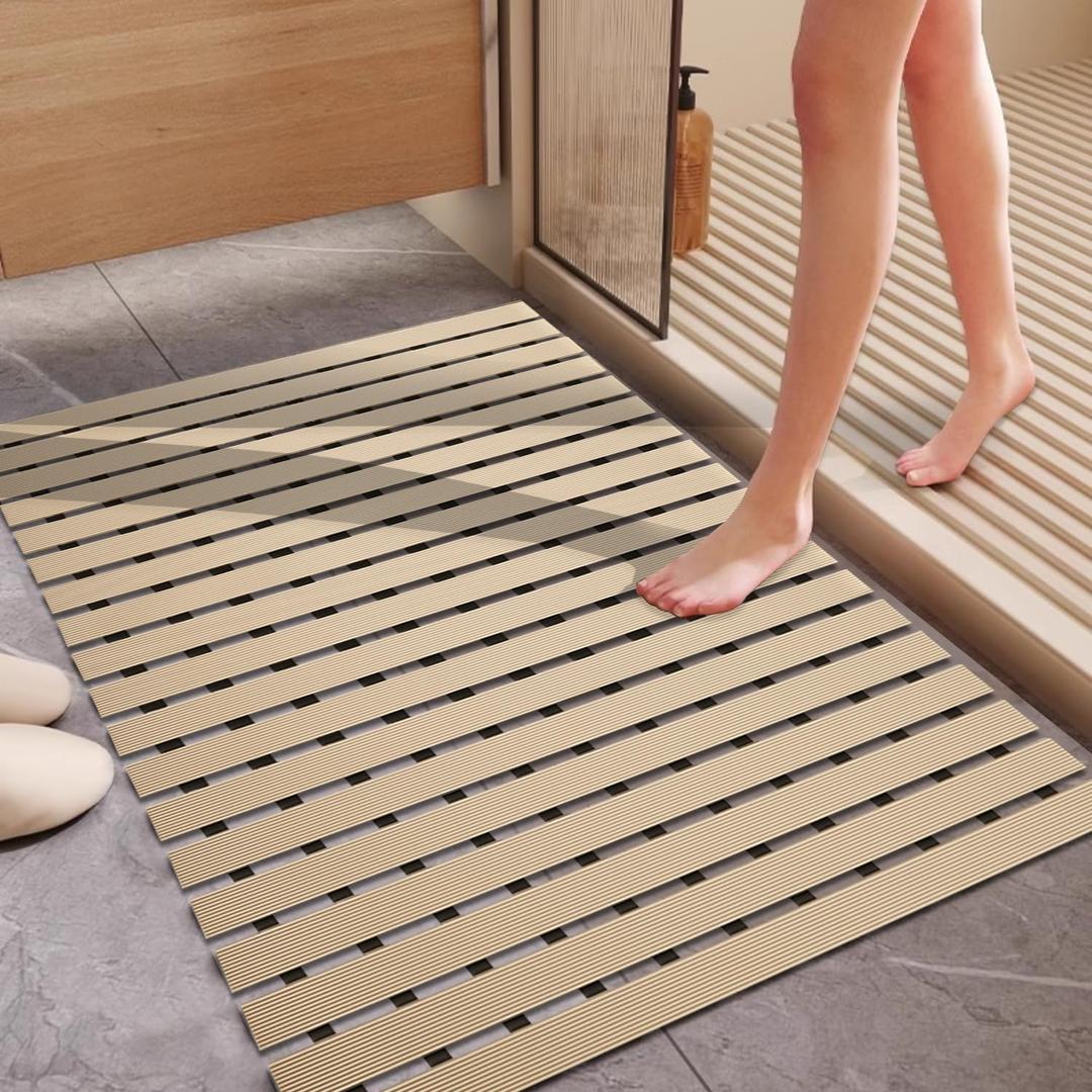 Tiamo Non Slip Large Shower Mat(35.4"*23.6"),Non Suction Cups Shower Mats for Inside/Outside Shower, Heavy Duty Rubber Walk in Shower Mat for Elderly (Apricot)