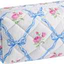 Gleyemor Cute Small Quilted Makeup Bag for Women, Floral Cotton Cosmetic Bag, Toiletry Pouch Travel Essentials Christmas Gifts (Blue Bowknot & Rose)