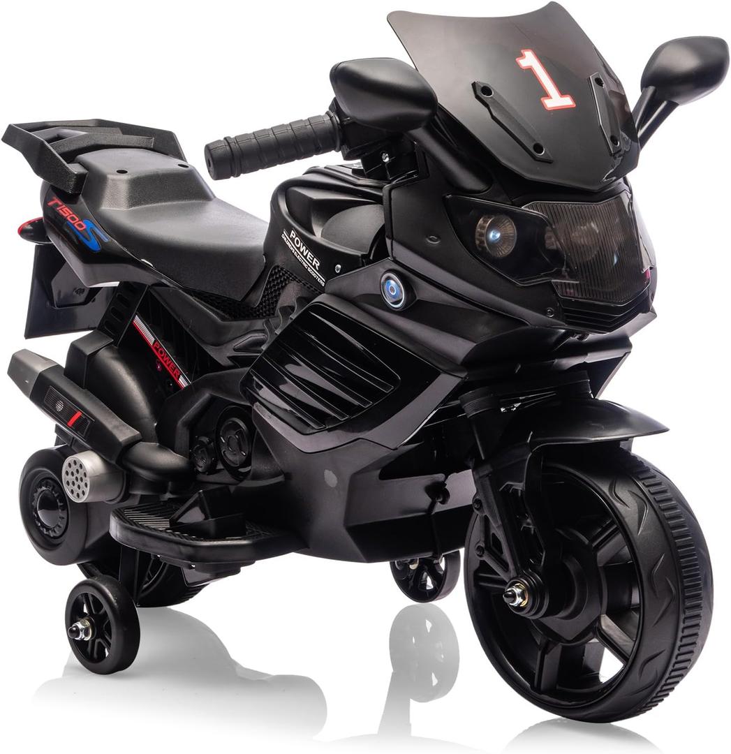 Kids 6V Ride On Motorcycle, Battery Powered Ride On Toys w/Treaded Tires, Working Headlight, Horn, Music, Training Wheels, Stable Electric Toddler Motorcycle for Kids, Gift for Boys Girls, Black