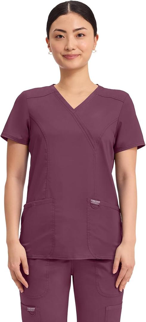 Cherokee Scrubs Top for Women Mock Wrap with 3 Pockets, Soft, 2-Way Stretch & Durable Fabric (Small, Wine)