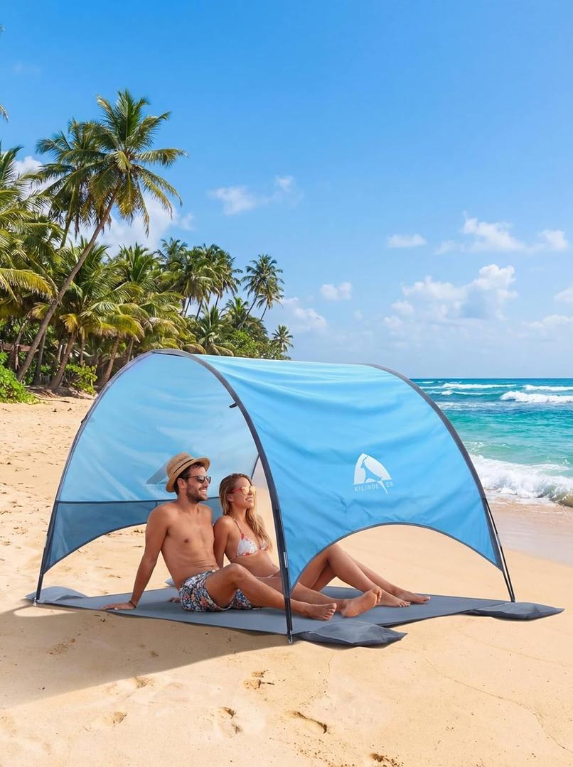 Beach Umbrella with UPF 50+ UV Protection, Portable Beach Tent Canopy with 360 Ventilation, 4 Sandbags, Wind Ropes & Stakes, Storage Pockets for Beach, Travel, Backyard (4)