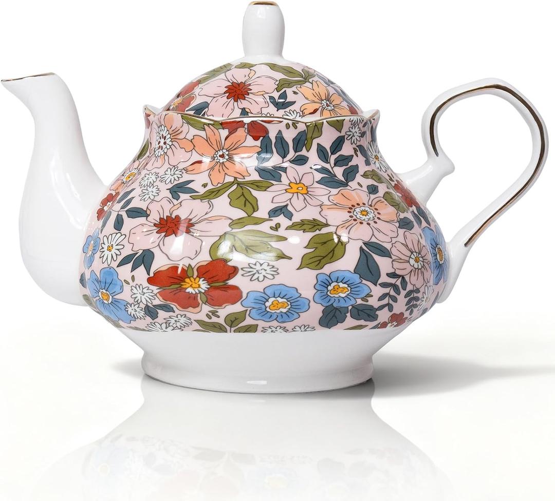 33.8 oz Porcelain Tea Pot Luxury Gold Trim Floral Ceramic Teapot Waterpot Tea Maker for Blooming Loose Leaf Tea Coffee Milk Christmas Women Gift Housewarming Home Kitchen Décor (Vintage Pink)