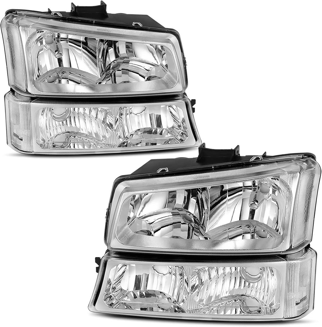 AUTOSAVER88 Headlight Assembly Compatible with 2003 2004 2005 2006 Chevy Silverado Avalanche 1500 1500HD 2500 2500HD 3500/2007 Classic Pickup Headlamp Replacement w/Bumper Lamp Set, Chrome/Clear