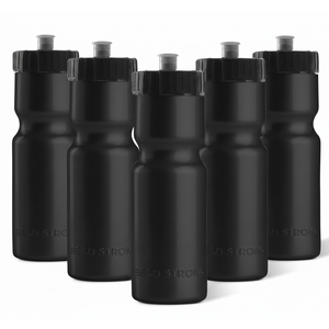 50 Strong Sports Water Bottles Reusable 22 oz BPA-Free Plastic Bottles with Pull Top Cap Made in USA Top Rack Dishwasher Safe Fits Most Bike Cages Brand (Black, 5 Packs)