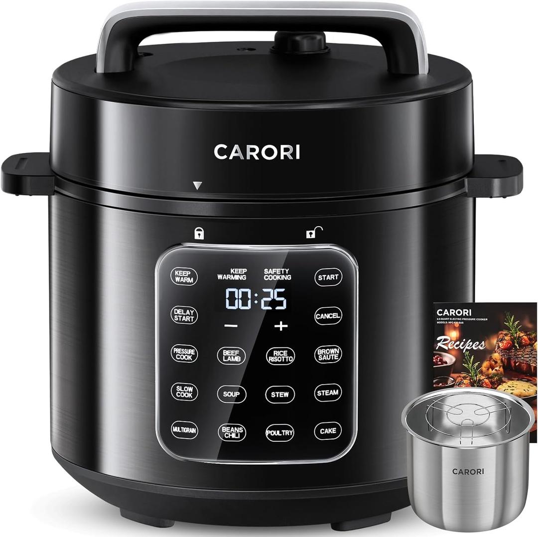 CARORI 9-in-1 Electric Pressure Cooker 6 Qt, Stainless Steel Inner Pot, Programmable 12 Multi-Function Cooker with Safe Vent Design, Rice Cook, Slow Cook, Saut, Warmer & Sterilizer, Black