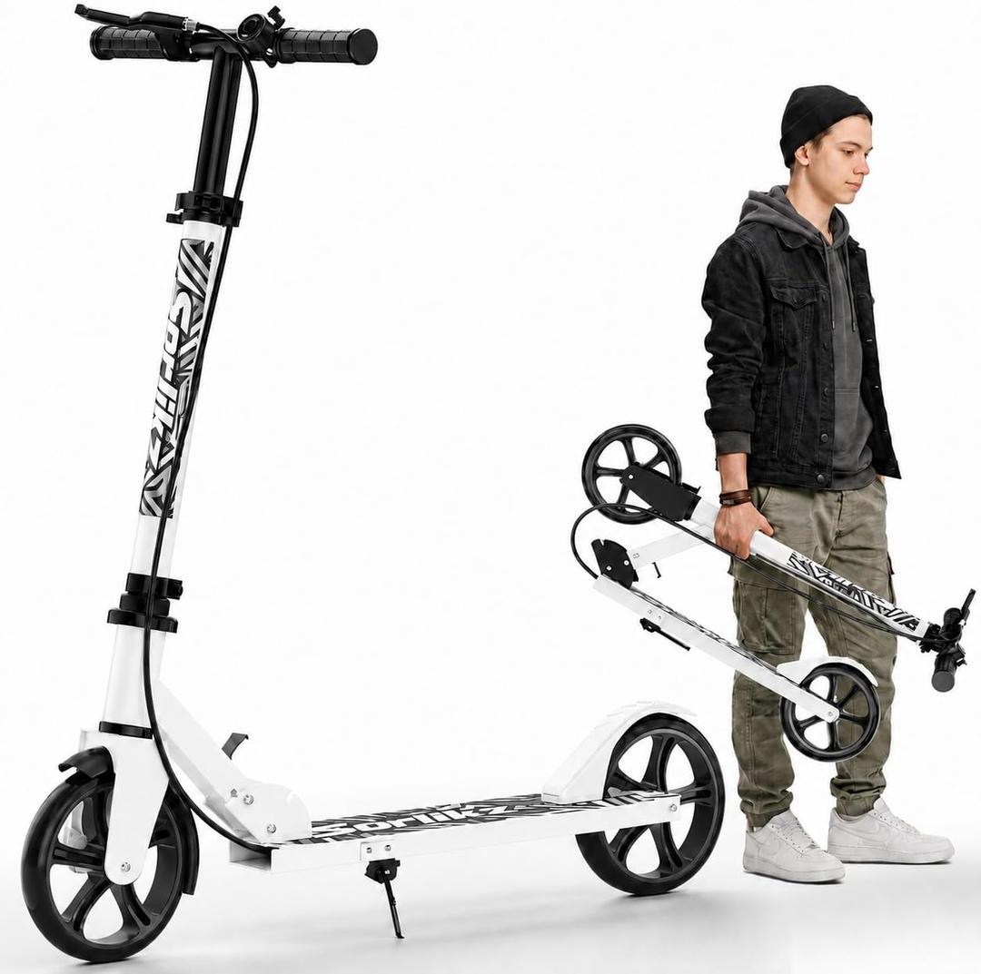 Scooters for Kids 8-12, Teens & Adults - Hand Brake & Bell, 8-inch Wheels, Adjustable Height, Foldable Kick Scooter, Upgrade Framework, Max Load 240LBS
