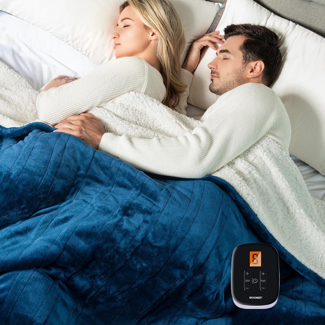 WOOMER Heated Blanket, Twin Size 62"x 84" Soft Flannel Fast Heating Blanket with Multi-Color Option, 10 Heating Levels & 0.5-12H Auto Off, Over-Heat Protection (Navy-sherpa)