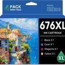 676XL Ink Cartridges (with New Chip) Remanufactured for T676XL T676XL120 T676XL220 T676XL320 T676XL420 Ink for Workforce Pro WP-4010 WP-4020 WP-4090 WP-4520 WP-4530 WP-4540 WP-4590 Printer (4-Pack)