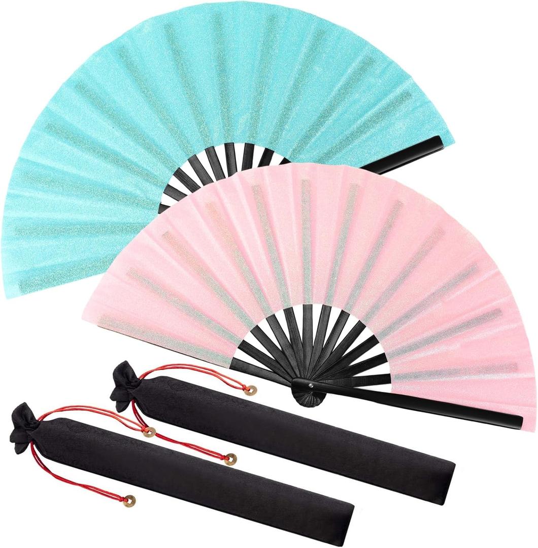 Maitys Large Clap Fans for Line Dancing Large Chinese Folding Hand Fans for Men and Women, Festival, Tai Ji, Kungfu, Martial Art, Gifts(Glitter Pink and Light Blue,2 Packs)
