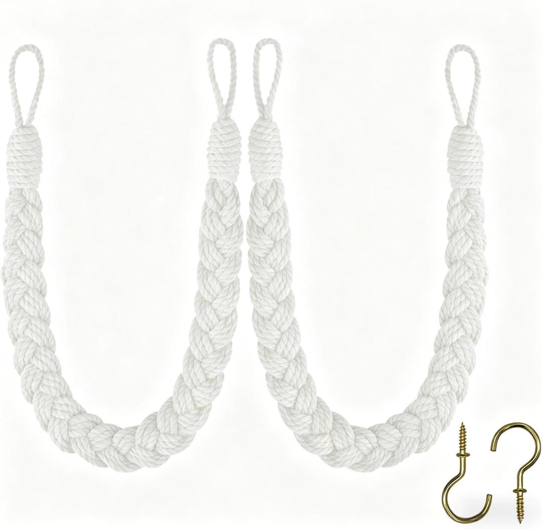 Home Queen Hand Braided Curtain Tieback, Buckle Holdback Drapery Curtain Tie Back, 2 Rope Cotton Belt Curtain Tie with 2 Metal Hooks, White