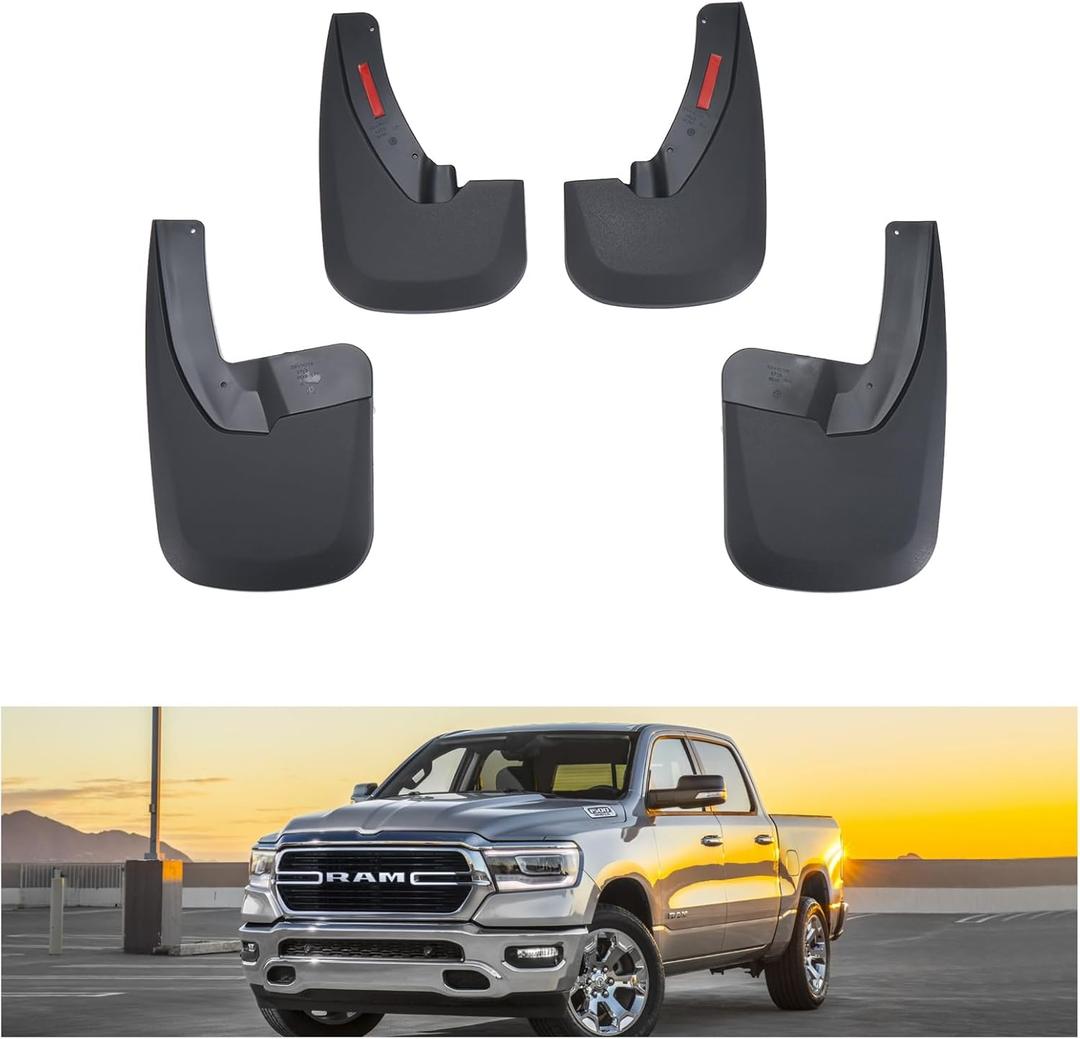 Kiwi Master Mud Flaps for 2009-18 Dodge Ram 1500/2500/3500, 2019-2024 Ram 1500 Classic (with OEM Fender Flares, Single Rear Wheels), Heavy Duty Front & Rear Mud Guards, No Drill, 4 Pcs Set