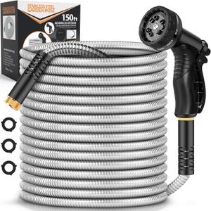 Garden Hose Metal 150FT, Stainless Steel Heavy Duty Water Hose With 10 Function Nozzle, No-Kink, Tough & Flexible, Sturdy and Lightweight, Rust Proof for Yard, Outdoor, RV