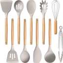 E-far Silicone Cooking Utensils Set, 10-Piece Heat Resistant Kitchen Utensils Set with Wooden Handle for Nonstick Cookware, Kitchen Nonstick Tools Spatula Whisk Tongs Ladle, Non-toxic & Healthy(Khaki)