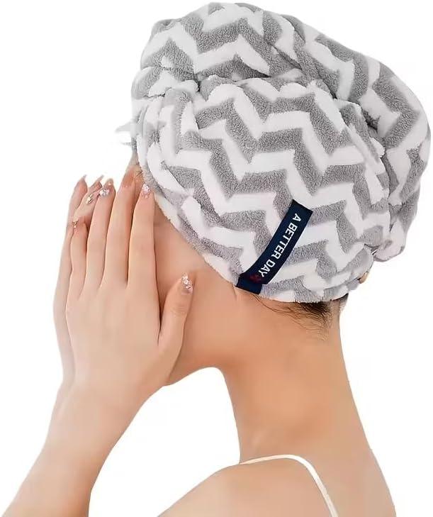 Microfiber Quick-Dry Hair Wrap Polyester Blend, Modern Striped Turban, Soft Absorbent, Low Lint Cap for Shower Spa Gym Travel, Grey