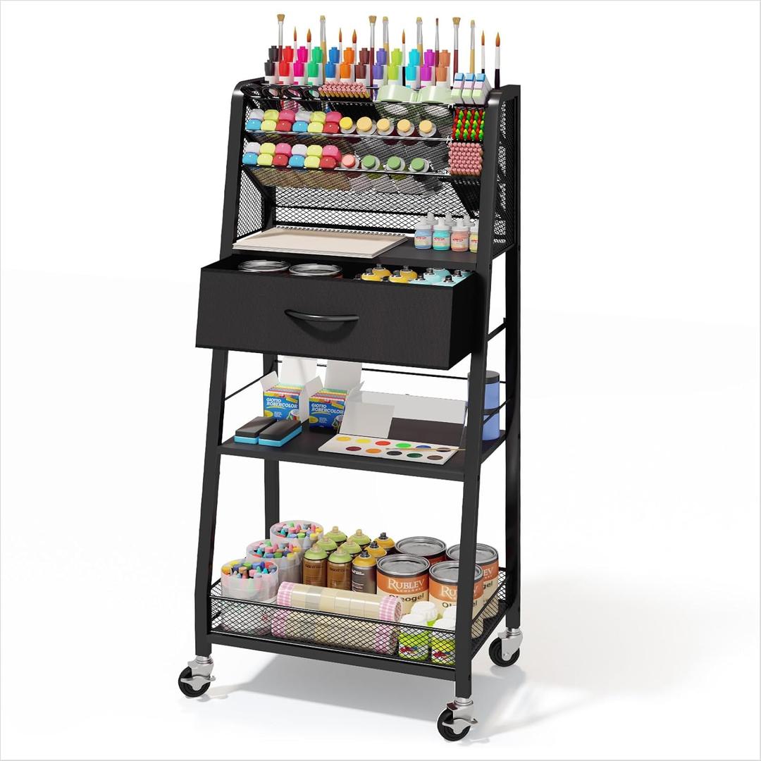Homsorout 3 Tier Rolling Cart - Metal Utility Cart with Storage Drawer and Wheels, Versatile Art & Craft Organizer for Home, Office, or Studio - Ideal for Storing Brushes, Paints, and SuppliesBlack