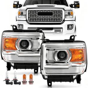 APSVE Chrome Amber Headlight Assembly w/Bulbs For 2014 2015 2016 2017 2018 GMC Sierra 1500, 15-19 GMC Sierra 2500HD 3500 HD Head Lights Headlamp Replacement L+R