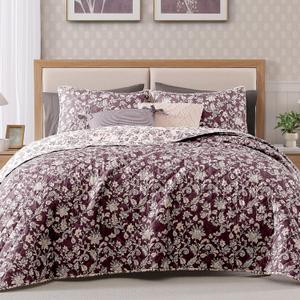 BLOOMHAVEN Quilt Set King Size, Italian Plum Floral Quilt Sets, Reversible Bedspread Lightweight and Breathable for All Seasons, Soft Quilted Bedspread with 2 Pillow Shams