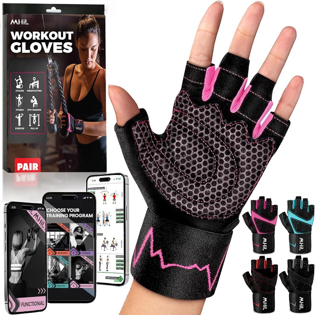 MhIL Workout Gloves for Women Breathable Gym Gloves for Women with Palm Protection and Enhanced Grip Padded Weight Lifting Glove for Womens with Wrist Wraps Support Weightlifting Exercise Cycling, Large: 8.1 8.6 / 20.6 22 Cm (Black)