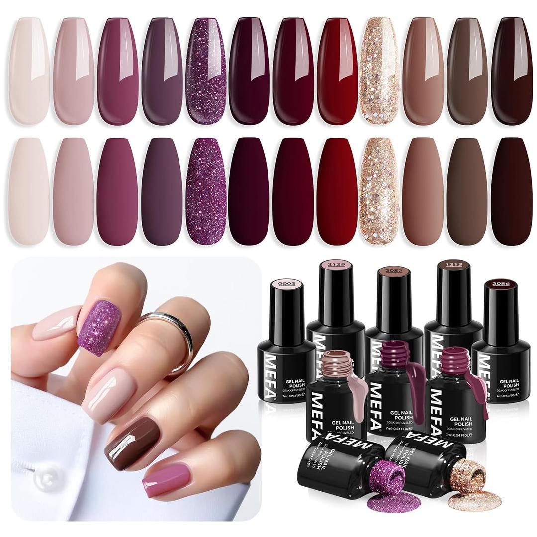 MEFA Gel Nail Polish Set, 12 Colors Fall Burgundy Red Nail Polish Set Champagne Gold Glitter Nail Polish Gel Soak Off Dark Red Purple Shimmer Nude Brown Manicure Gifts for Women Girl DIY Salon Home
