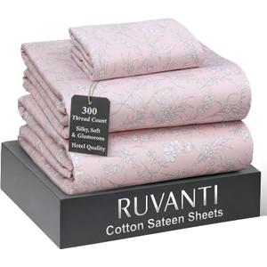 RUVANTI 100% Cotton Sheets Twin Size Bed Set - 300 Thread Count Silky Soft Sateen Weave, Cooling, Lightweight & Breathable, 16" Deep Pocket, Durable & Luxury Satin-Like, 3 Piece, Pink Fusion