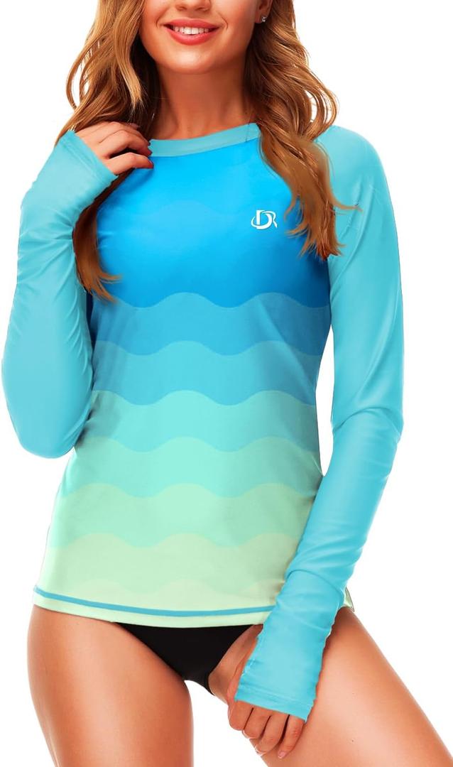 Deerose Womens Gradient Rash Guard UPF 50+ Swim Shirts Surfing Top with Thumb Hole (Medium, Aqua)
