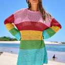 Prinbara Crochet Cover Up for Women Swimsuit Summer Bathing Suit 2025 Swim Hollow Out Bikini Swimwear Mesh Knit Beach Dress Rainbow Stripe Small