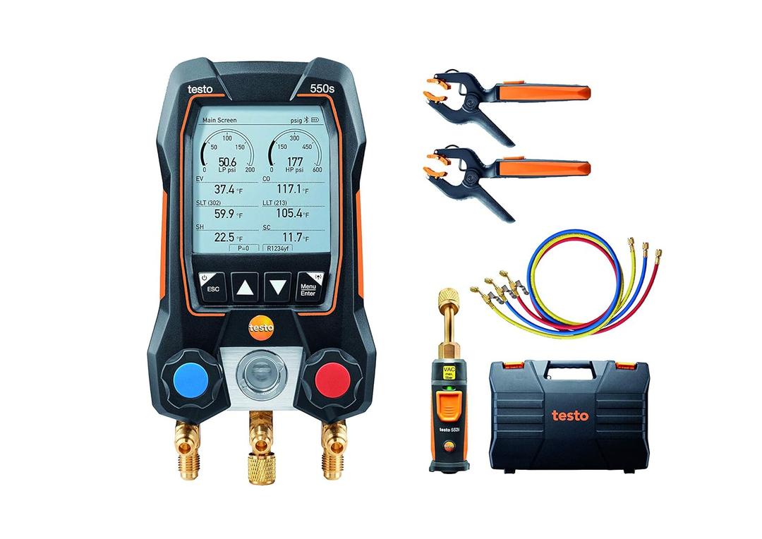 testo 550s AC Manifold Gauge Set  Manifold Gauges Hvac and Refrigeration  Incl. 2x testo 115i Pipe Clamp Thermometer, 1x testo 552i Micron Gauge and a Set of 3 Hoses  with Bluetooth