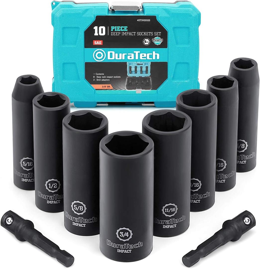 DURATECH 10-Piece 3/8" Drive 6 Point Deep Impact Socket Set, Including 8PCS Deep Impact Sockets in SAE Sizes (5/16", 3/8", 7/16", 1/2", 9/16", 5/8", 11/16", 3/4") & 2PCS 1/4" Hexagon Extension Bars