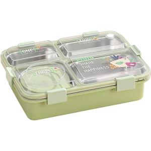 Lunch Box with 4 Compartment Inner Steel, 1 Small Container, Spoon & Chopstick Leakproof Heating & Water Insulation (Green)
