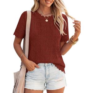 ZESICA Women's Summer Hollow Out Crochet Cover Ups 2026 Short Sleeve Crewneck Sweater Shirts Beach Vacation Outfits (M)