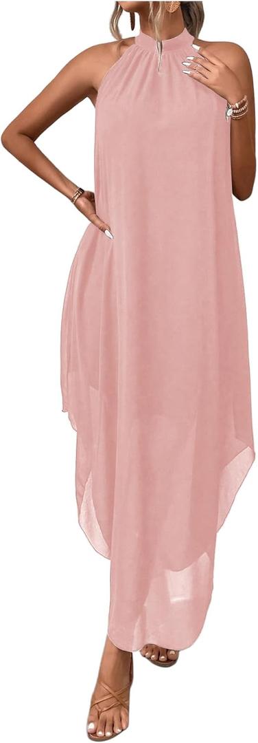 Verdusa Women's Fall Formal Wedding Guest Dress Halter Flowy Sleeveless Asymmetrical Holiday Dresses (Medium, Light Pink)