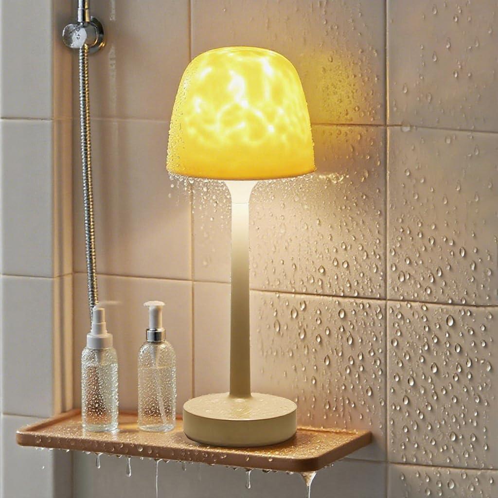 Shower Lamp - Waterproof Bathroom Lamp with 16 Color Ocean Wave Projector, Rechargeable Shower Light with Touch & Remote Control, Cordless Light for Inside Shower/Bathtub (Beige)