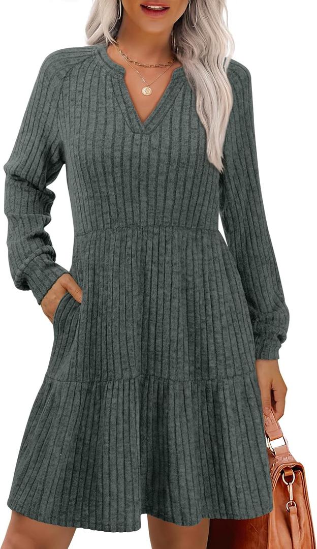 IWD Womens V Neck Long Sleeve Dress with Pockets Casual A-Line Knee Length Fall Knit Sweater Dresses 2025 (Green, XXL)