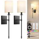 24.8 Inch Black Battery Operated Wall Sconces Set of 2, Rechargeable Wireless Wall Lights with Remote & White Fabric Shade, Indoor Not Hardwired Dimmable Wall Lamps for Bedroom, 2 Bulbs Included