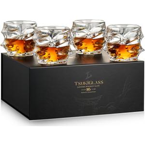 TSUKIGLASS Storm Premium Japanese Crystal Whisky Glasses Set of 4 - Gift Ready Box, 100% Ultra Clarity Lead-Free Crystal, 10oz Tumblers for Bourbon, Scotch & Cocktails, Luxury Gift for Men