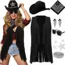 Tiamon Western Costume Accessories for Women Cowgirl Tassels Fringe Vest Cowboy Hat Rhinestone Earrings Glasses Paisley (Black)