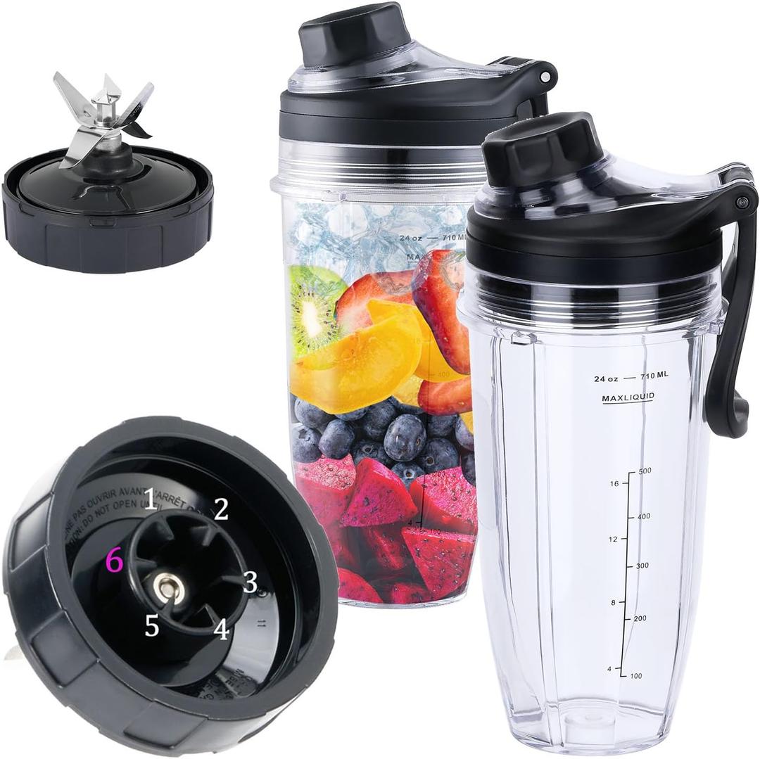 Replacement 6 Fins Female Blender Blade and 2 Cups with New handle Lids, Compatible with Ninja Auto iQ Blenders. 4Inch Female Fins ONLY