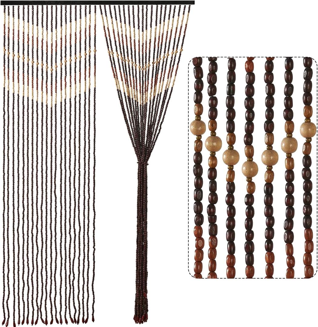 35.5" x 75" Boho Wood Bead Curtain for Doorways 40 Strands Door String Curtains Handmade Beaded Curtain Window Hanging Room Divider Wave Pattern for Home Decoration, Dark Brown