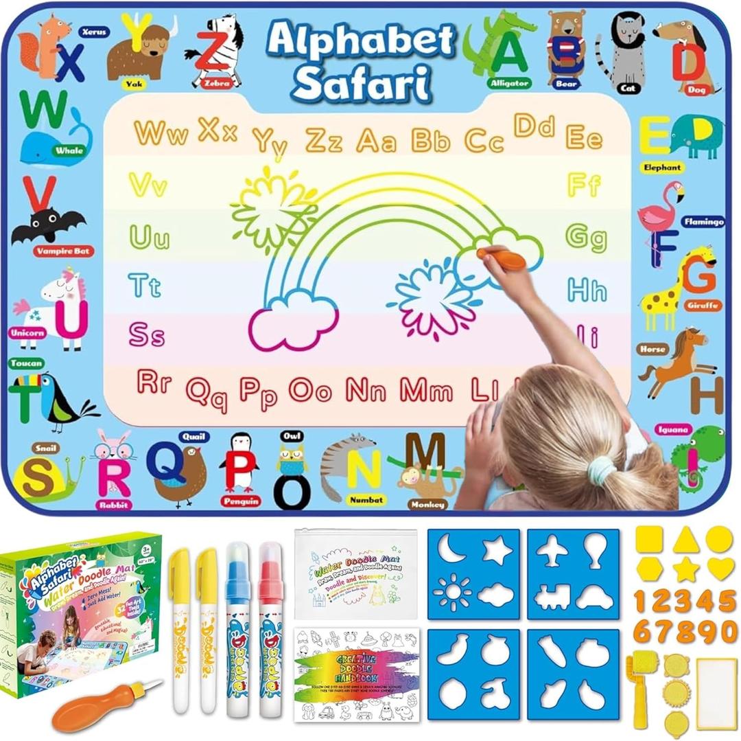 ANIMOLDS Water Doodle Mat 40  32  Aqua Magic Drawing Board for Toddlers & Kids | Alphabet Safari Theme Educational Art Play Mat | Reusable, Mess-Free Water Painting Toy