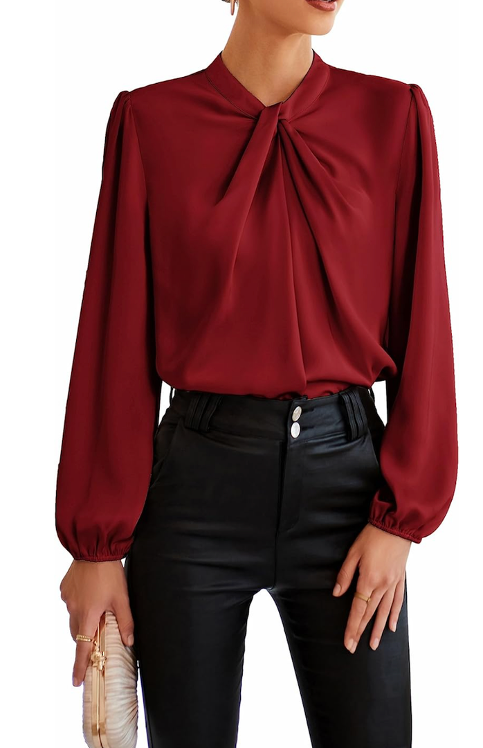 GRACE KARIN Women's Long Sleeve Shirts Mock Neck Casual Satin Blouse Tops for Business Office Work , Size L