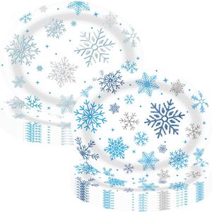 50Pcs Christmas Oval Paper Plates, 10 x 12 Inch Blue and White Winter Snowflake Paper Plates Frozen-theme Wonderland Party Decorations for Winter Holiday Birthday Party Supplies
