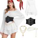 Pirate Costume Women Dress White Pirate Dress with Corset Necklace Bandana Headscarf Accessories (X-Large)