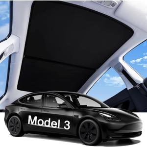 LOWEEY 2026 Upgraded Tesla Model 3 Sunshade Roof, UPF200+ Roof Sunshade with Storage Bag, No-Sag & No-Gaps Heat Insulation Foldable Glass Roof Sun Shade, Tesla Model 3 Accessories MY20-23 Black