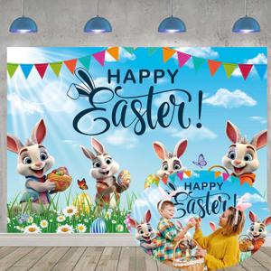 Happy Easter Banner Backdrop 7x5FT Blue Sky Green Lawn Colorful Easter Eggs Bunny Photography Background Spring Party Decorations Photo Props