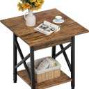 GreenForest End Table 24 inch for Living Room, Large Square Side Tables with X-Frame, Tall Industrial Bedside Nightstand with 2-Tier Storage, Rustic Walnut